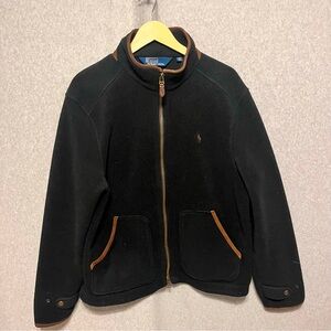 Polo Ralph Lauren Fleece Jacket Full Zip Pony Black Tan Vintage 90s